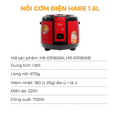 Nồi cơm điện 1.8L - hàng chính hãng thương hiệu Hare - bảo hành 12 tháng