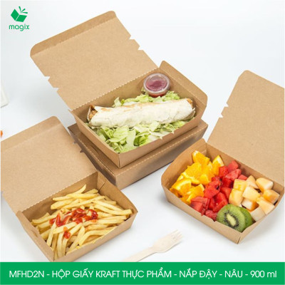 MFHD2N - Combo 50 hộp giấy kraft thực phẩm 900ml, hộp đựng thức ăn nắp đậy màu nâu, hộp gói đồ ăn mang đi