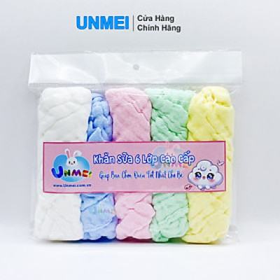 Bịch 5 Cái Khăn Sữa 6 Lớp UNMEI 30x30cm, Khăn Mềm Min 100% Cotton Nhiều Màu