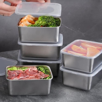 Hộp Đựng Thực Phẩm Tủ Lạnh, Đồ Ăn Bằng Inox 304 Có Nắp Nhựa Kèm Theo Tiện Lợi (135x105x58 mm)