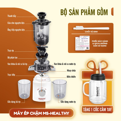 Máy ép chậm trái cây Masuto MS Healthy ép nguyên quả kiệt bã dung tích 0,6l, Ép hoa quả, làm nước detox, làm kem - Hàng chính hãng
