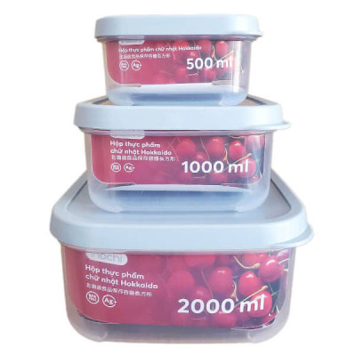 Bộ 3 hộp thực phẩm vuông Hokkaido 500-1000-2000ml ( Tặng kèm Sticker) - INOCHI - chất lượng tiêu chuẩn Nhật Bản