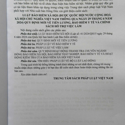 Sách Luật Bảo Hiểm Xã Hội năm 2024 – Quy Định Mới về Tiền Lương, Bảo Hiểm Y Tế và Chính Sách Hỗ Trợ Việc Làm - V2570T