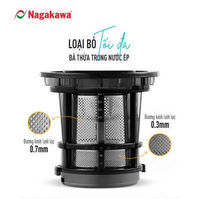 Máy ép chậm Nagakawa NAG0818 (200W) - Trục ép 6 phân đoạn kiệt bã - Ống tiếp thực phẩm lớn - Hàng chính hãng