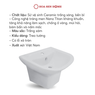 Lavabo treo tường TUSLO COCL002 liền thân, thiết kế hiện đại với sứ trắng cao cấp, chống ố vàng, tiện lợi, có lỗ xả tràn - Hàng chính hãng