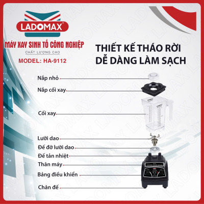 Máy xay sinh tố công nghiệp 1860W Ladomax HA-9112 xay đá, rau má, sinh tố chuyên quán - Hàng chính hãng