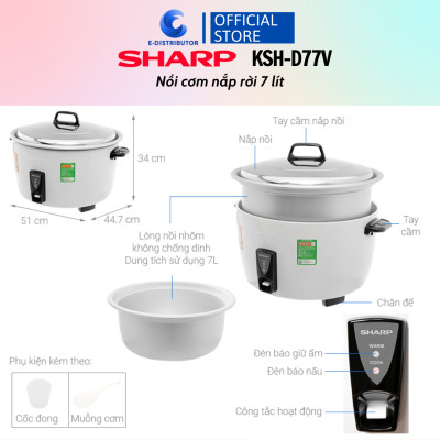 Nồi cơm nắp rời Sharp 7 lít KSH-D77V - Hàng Chính Hãng - Bảo Hành 12 Tháng - Tiện lợi cho nhà bếp
