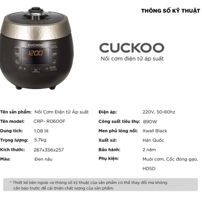 Nồi cơm điện tử áp suất Cuckoo 1.08 lít CRP-R0600F màu đen - Bản Quốc Tế tiếng Anh - Hàng chính hãng