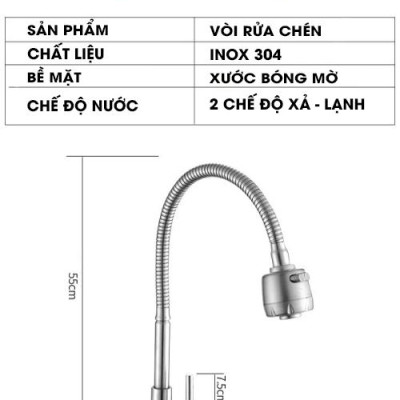 Vòi nước rửa chén bát Inox 304 Cắm Tường Cần mềm - Bát sen 1 Đường Nước (bảo hành 12 tháng)