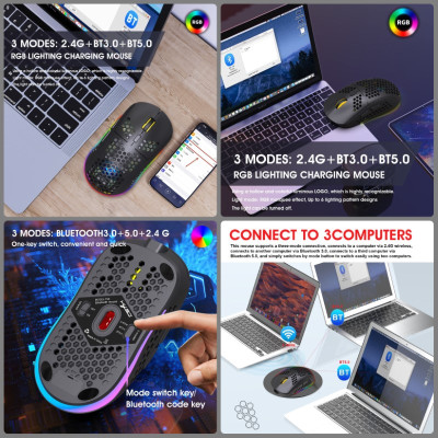 Chuột Led Không Dây T90 đa kết nối Blutooth 5.0 + Usb 2.4G 3600Dpi Pin Sạc TypeC hàng nhập khẩu