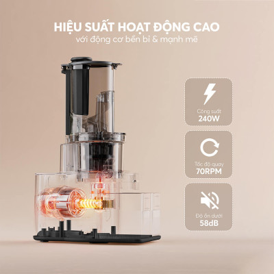 Máy ép chậm Elmich JEE-8759, công suất 240W mạnh mẽ ép kiệt bã, giữ lại chất dinh dưỡng và hương vị trong trái cây,độ ồn dưới 58dB, ép kiệt tới 98% - Hàng chính hãng