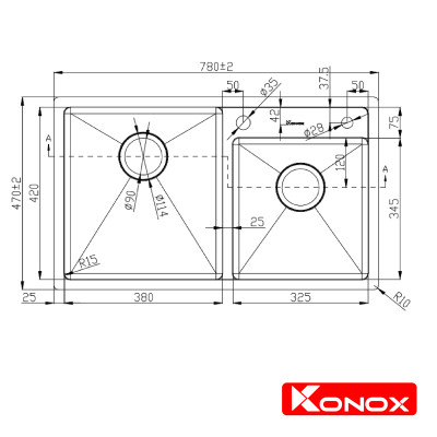 Chậu rửa bát Konox, Overmount Series, Model KN7847DO , Inox 304AISI tiêu chuẩn châu Âu, 780x470x228(mm), Hàng chính hãng