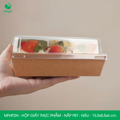 MFHP2N - 15.5x8.5x6 cm - 100 hộp giấy kraft thực phẩm màu nâu nắp Pet, hộp giấy chữ nhật đựng thức ăn, hộp bánh nắp trong