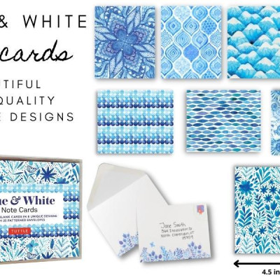 Blue & White Note Cards, 24 Blank Cards: 8 Unique Designs With 25 Patterned Envelopes