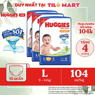 [TẶNG THÊM MIẾNG CHO SIZE L/XL/XXL] Combo 3 gói Tã quần Huggies Skincare Mega Jumbo M106/L96/XL84/XXL76