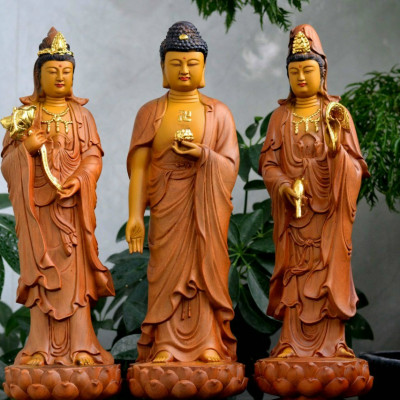 Bộ tượng phật tam thánh bằng gỗ hương đá tô làm mầu giả cổ kt 50×15×14cm