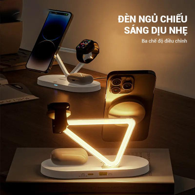 Sạc Không Dây 3 Trong 1 Pisen Pro - Wireless 3-in-1 Night Light - Màu Đen