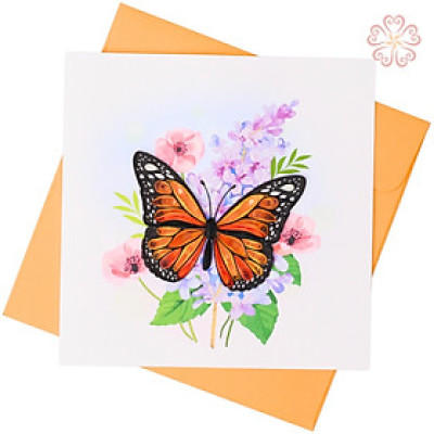 Thiệp giấy xoắn nghệ thuật - bướm bướm đậu trên cành hoa.