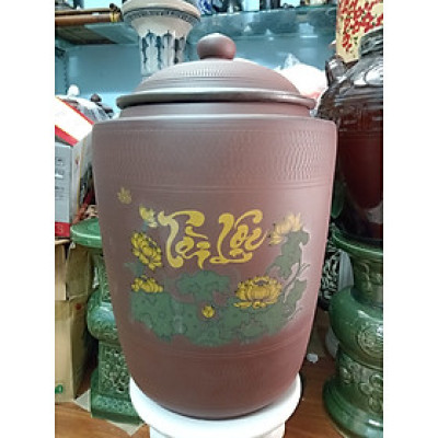 Hũ đựng gạo sành vẽ sen tài lộc gốm sứ  Bát Tràng