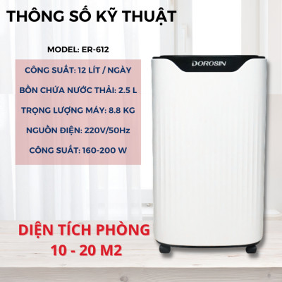 Máy hút ẩm gia dụng chính hãng Dorosin Airko 614 hàng chính hãng (15-35m2)/Công suất hút ẩm 14 lít /ngày - Cảm biến điện tử thông minh - Độ ồn thấp
