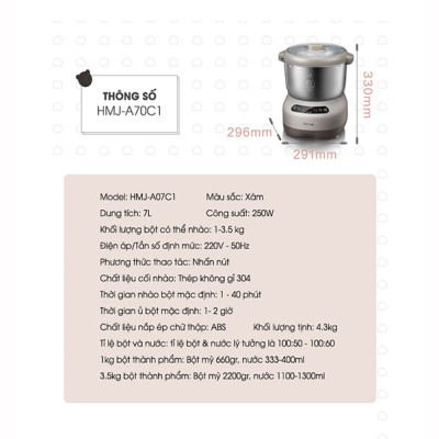 Máy Trộn Bột Ủ Bột Lên Men Tự Động BEAR HMJ-A70C1 Chống Dính Bột Dung Tích 7 Lít Công Suất 250 W - Bản Nội Địa