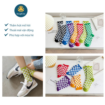  Vớ cotton cổ cao họa tiết caro phong cách xuân thu dành cho nam nữ - Buybox - BBPK244