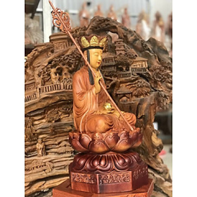 Tượng phật địa tạng vương bồ tát dáng ngồi bằng gỗ hương đá liền khối tô mầu giả cổ kt 50×25×25cm