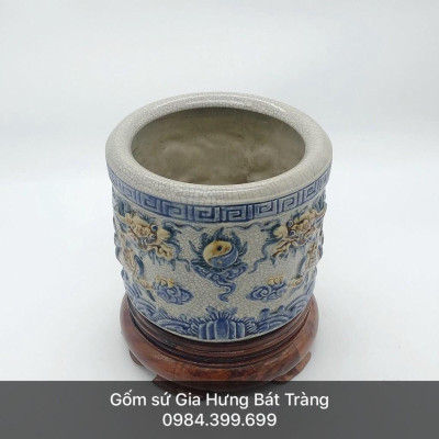 Bộ bát hương men rạn đắp nổi gốm sứ Bát Tràng( kèm chân đế ghỗ hương)