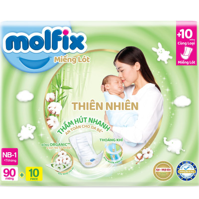 Miếng lót sơ sinh Molfix Thiên nhiên Super Jumbo Newborn 1 (dưới 1 tháng tuổi) - Gói 90+10 miếng