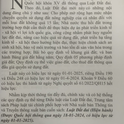Sách - Luật Đất đai (Hiện hành) (Được Quốc hội thông qua ngày 18-01-2024, có hiệu lực từ ngày 01-01-2025) XBTT