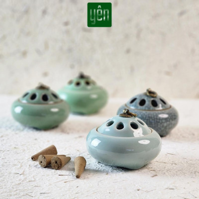 Lư Xông Nụ Trầm Gốm Sứ Nắp Đồng Hoa Văn - Dùng Đốt Nụ Trầm, Nụ Thảo Mộc Thuần Việt