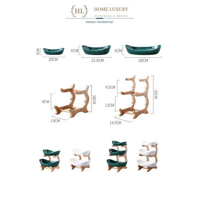 Khay sứ 3 tầng kèm kệ gỗ phong cách Bắc Âu | Kệ gỗ 3 tầng khay sứ Home Decor | KỆ SỨ 3 TẦNG GỖ TRE CAO CẤP