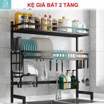 Kệ úp chén bát đĩa đa năng thông minh trên bồn rửa Rika KGB thép carbon không gỉ sơn đen tĩnh điện,1 2 tầng chịu lực cao