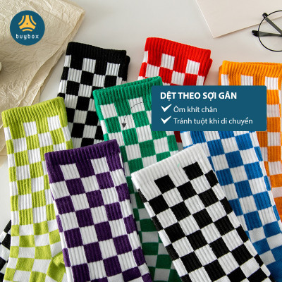  Vớ cotton cổ cao họa tiết caro phong cách xuân thu dành cho nam nữ - Buybox - BBPK244