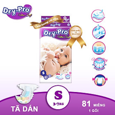 Tã/bỉm dán Dry-Pro siêu mềm nhập khẩu Malaysia size S81 (3kg - 7kg) - Gói 81 miếng
