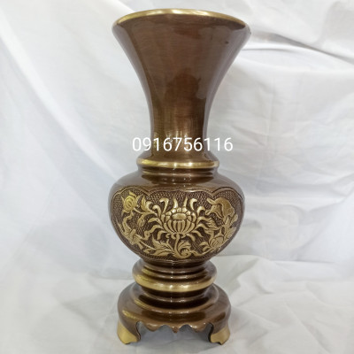 Lọ Hoa Bình Bông Liền Đế 30cm Đồng Vàng Màu Hun Cạo