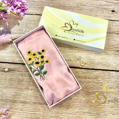 Khăn Lụa Thêu Tay Hoa Hướng Dương 200x55cm, Silk Hand Embroidery made by SenSilk, Lụa Tơ Tằm Cao Cấp Thêu Thủ Công