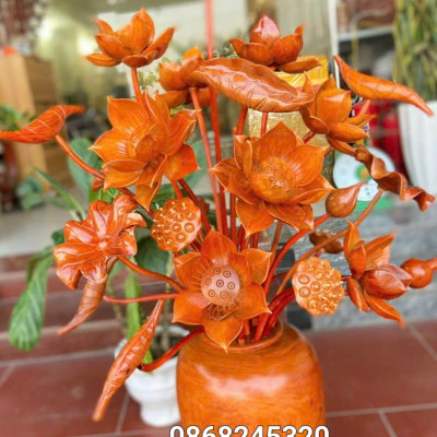 1 bình hoa sen 25 bông phong thủy trang trí phòng khách phòng thờ bằng gỗ hương đá đẹp long lanh  