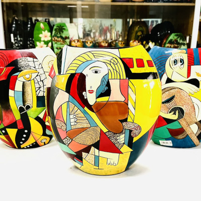 Bình Sơn Mài dẹp Cao Cấp Thanh Bình Lê size 30x25x12 thích hợp cắm hoa, trang trí, làm quà tặng,...