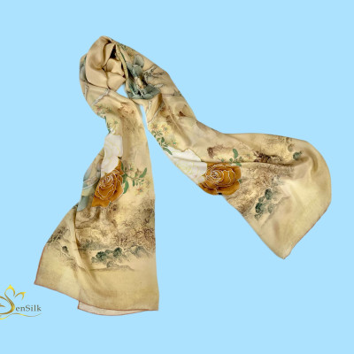 Khăn Lụa Cao Cấp in Kỹ Thuật Số Sen Silk KLDI02 Rose - Printed Silk Scarves - Quà Tặng Khách Nước Ngoài