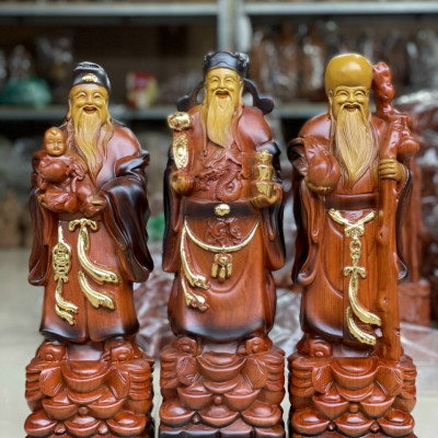 Bộ tượng phật tam đa phúc lộc thọ bằng gỗ hương đá tô làm mầu giả cổ kt cao 50×15×12cm