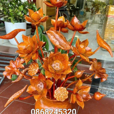 1 bình hoa sen 25 bông phong thủy trang trí phòng khách phòng thờ bằng gỗ hương đá đẹp long lanh  