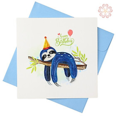 Thiệp mừng sinh nhật giấy xoắn - chú lười nằm trên cây - size 15x15cm