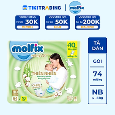 Miếng lót sơ sinh Molfix Thiên nhiên Super Jumbo Newborn 1 (dưới 1 tháng tuổi) - Gói 64+10 miếng