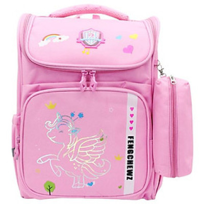 Ba Lô Bé Gái Học Sinh Chống Gù Kèm Bóp Viết - Hình Kỳ Lân - Hong Sheng 9882 - Màu Hồng