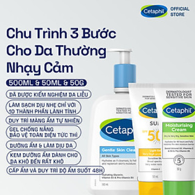 Combo 3 Bước Cetaphil Chăm Da Dịu Lành: Sữa rửa mặt 500ML + Kem dưỡng ẩm 50G + Gel chống nắng SPF50+