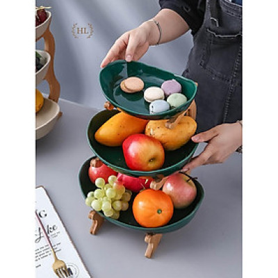 Khay sứ 3 tầng kèm kệ gỗ phong cách Bắc Âu | Kệ gỗ 3 tầng khay sứ Home Decor | KỆ SỨ 3 TẦNG GỖ TRE CAO CẤP