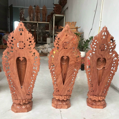 Bộ tượng phật tam thánh bằng gỗ hương kt cao 40 đá cao 