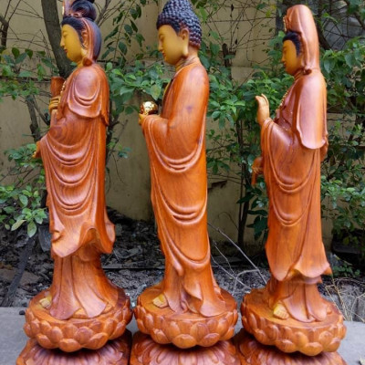Bộ tượng phật tam thánh bằng gỗ hương đá tô làm mầu giả cổ kt cao 40×12×12cm
