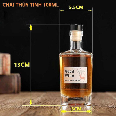 Chai Thủy Tinh Mini mẫu vốt ka nắp cao su kèm màng co – Lọ Thủy Tinh Nhỏ 100ML trụ tròn vai xòe – Chai Đựng Rượu Mini (F2)